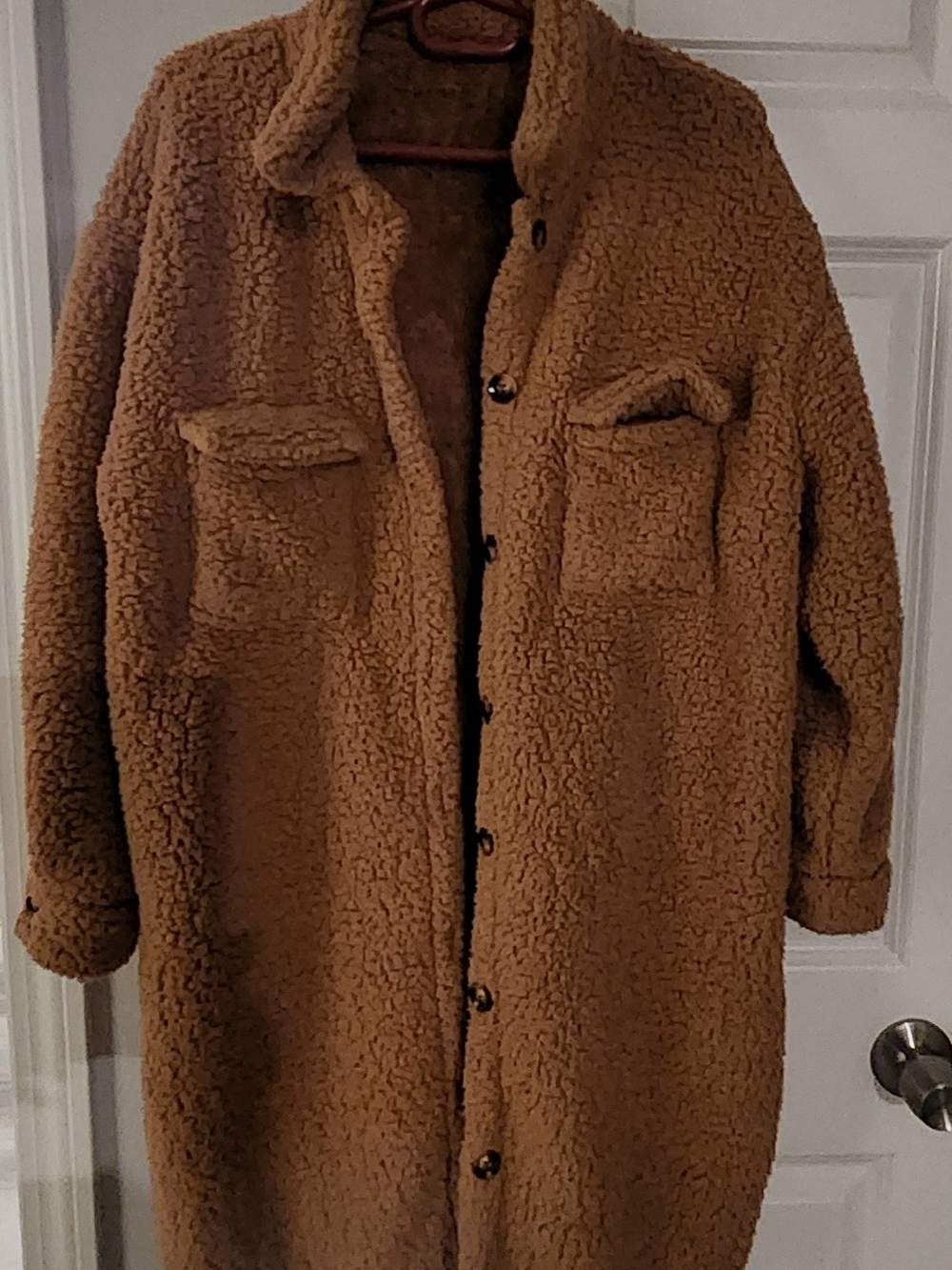Long Faux-Sherpa Teddy Coat in Camel